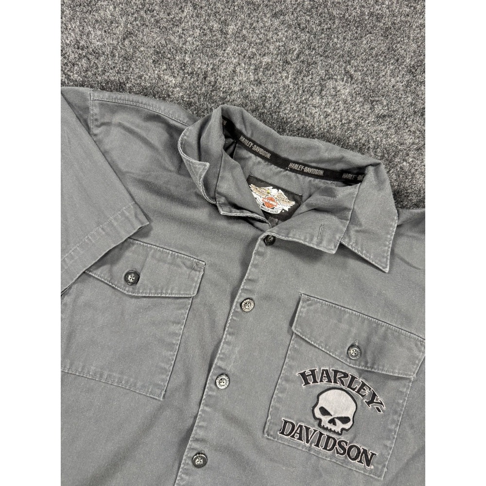 Harley Davidson Skull Button Up Work Shirt Gray Short Sleeve Mens Medium
